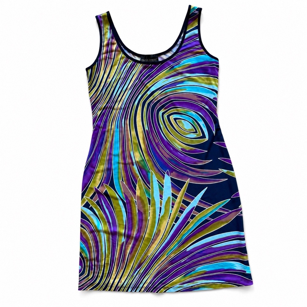 Frank Lyman Design Abstract Palm Print Sheath Dress Purple Blue Green Size 8